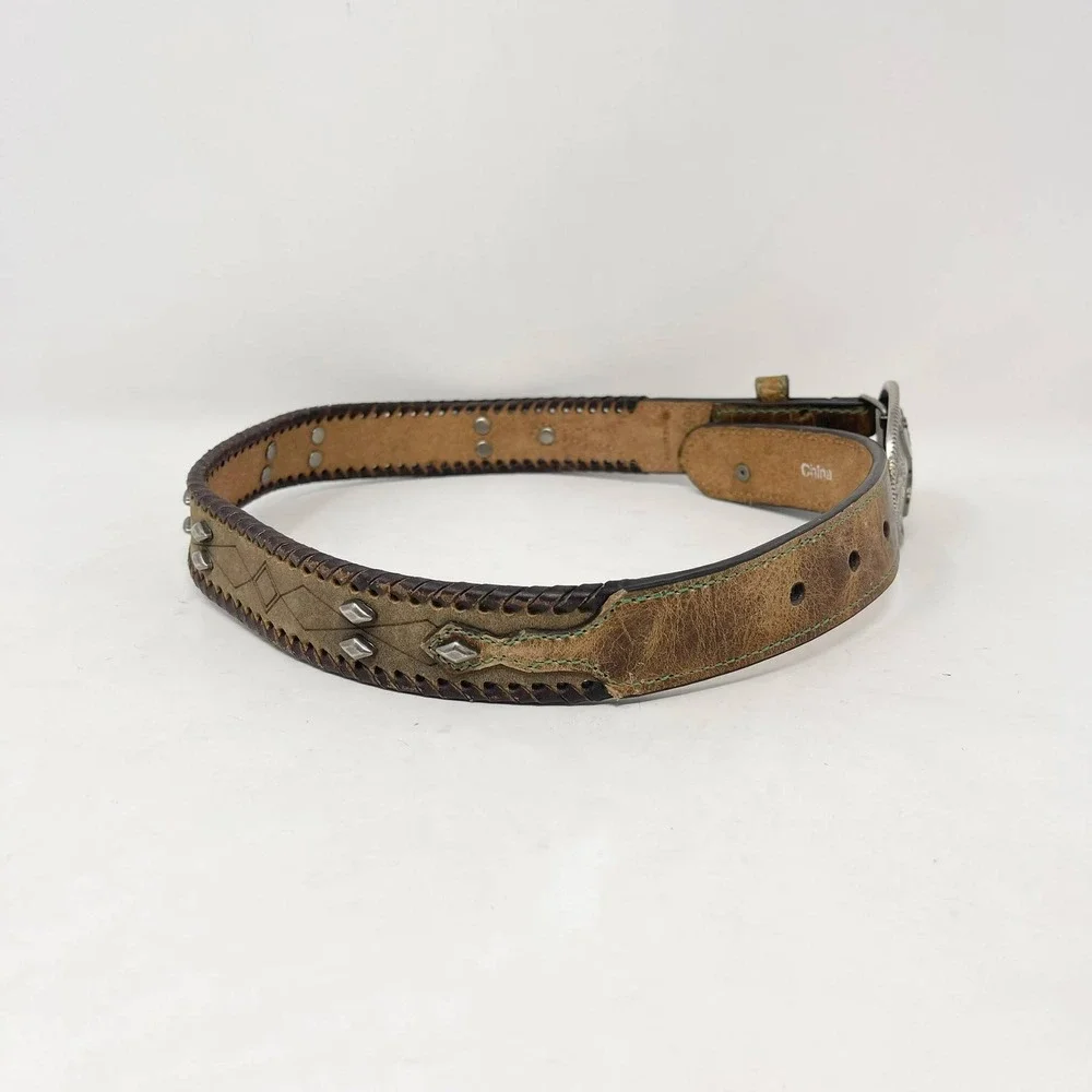 Hooey Western Belt‎ Youth Boys 24 Brown Leather Silver Buckle Green Stitch Rodeo